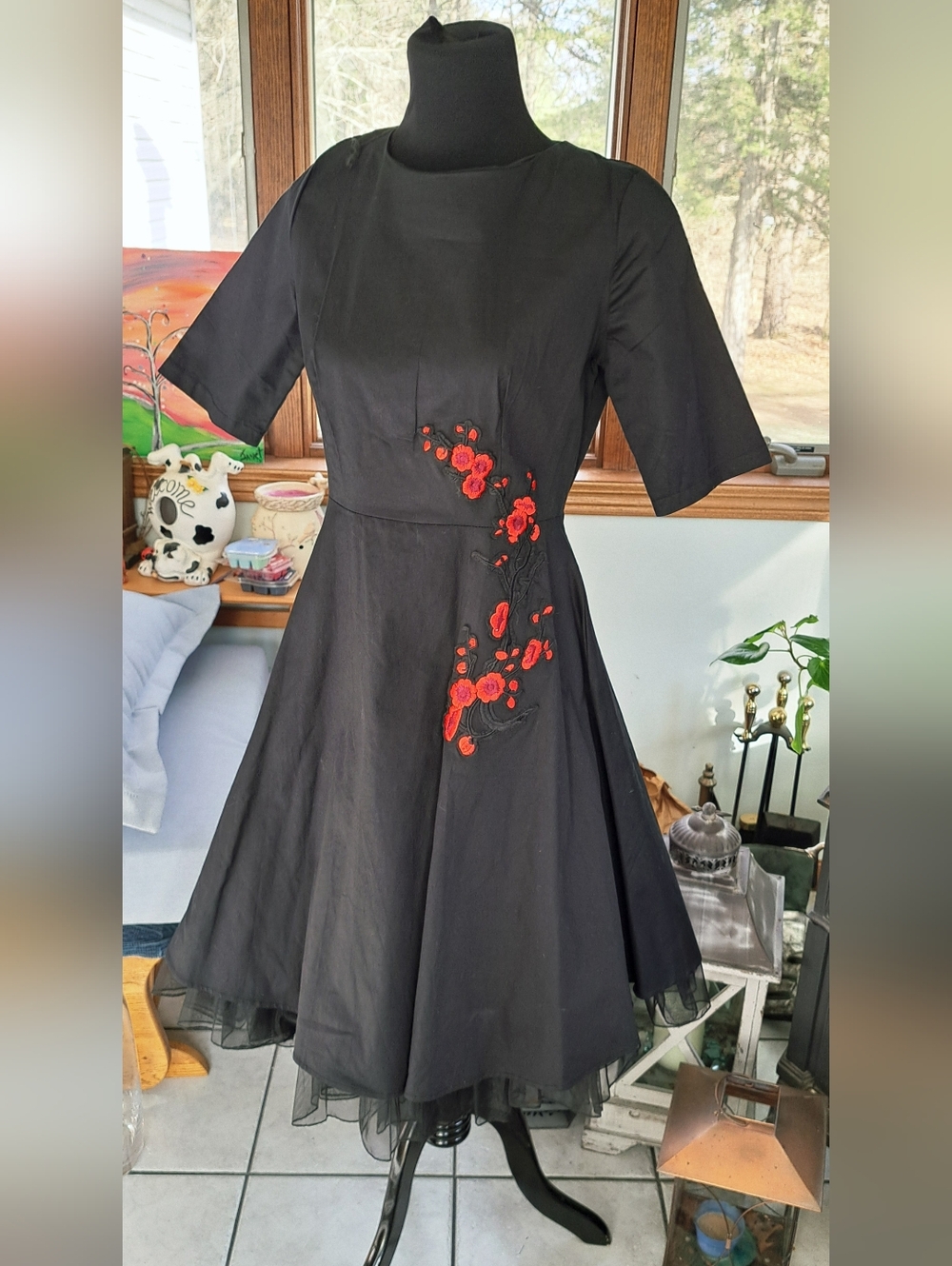 Black Fit-and-Flare Dress with Red Floral Embroidery